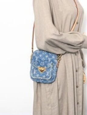Cotton Denim Monogram Remix Crossbody Bag w/Tan Leather Strap Mase Case